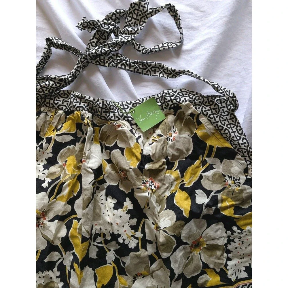 Vera Bradley Half Apron Dogwood Pattern Black White Yellow Print NWT Pockets